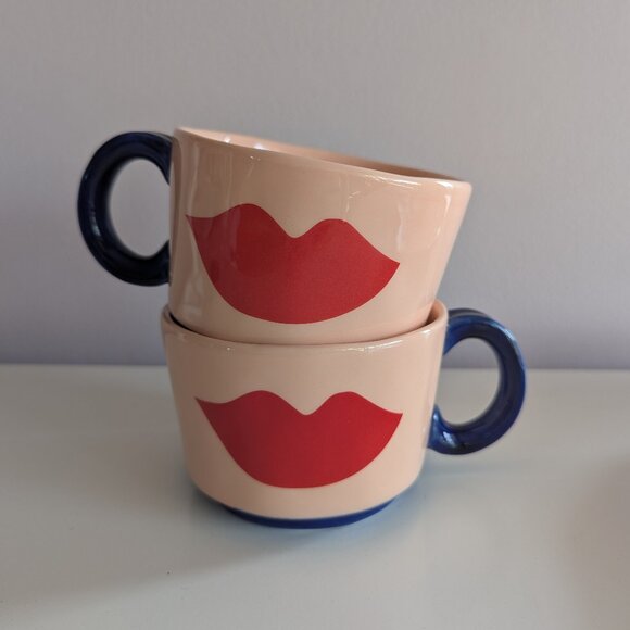 Clare V. for Anthropologie Maisonette Red Lips Mugs Cups SET OF TWO. VERY RARE - Picture 1 of 7